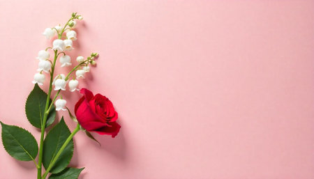 Rose and lily of the valley on pink backgroundの写真素材