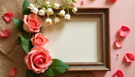 Floral Frame Still Life with Roses and Lily of the Valleyの写真素材