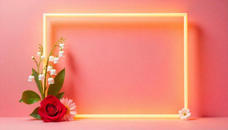 Floral frame with pink backdrop for spring or Valentinesの写真素材