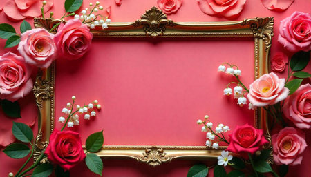 Roses and lily of the valley adorn vintage golden frameの写真素材
