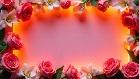 Floral frame with pink roses and white lilies designの写真素材