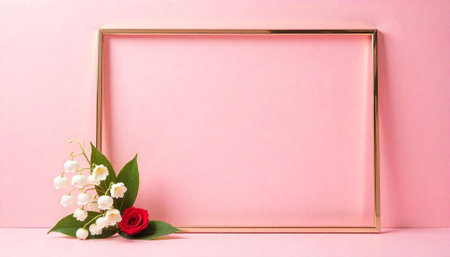 Pink background with golden frame and floral arrangementの写真素材