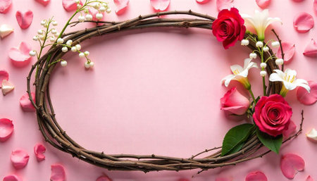 Floral wreath frame on pink background with rose petalsの写真素材