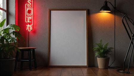 Blank frame mockup on the floor with plants nearbyの写真素材