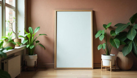 Blank frame mockup with indoor plants against warm colored wallの写真素材