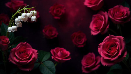Romantic dark red roses with lily of the valleyの写真素材