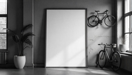 Blank poster frame with bicycles in a monochrome interior settingの写真素材