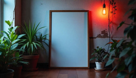 Blank frame mockup with indoor plants on wooden floorの写真素材