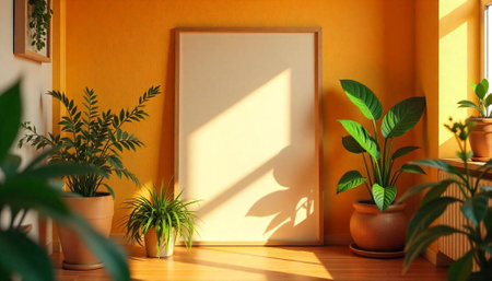 Blank canvas with frame and plants, bright sunlight backdropの写真素材