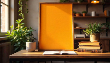 Wooden Frame on Desk with Orange Fill Spaceの写真素材