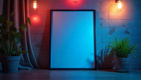 Modern interior with illuminated blank frame and plants