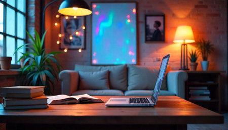 Cozy Workspace with Laptop Books and Ambient Lighting Sceneの写真素材