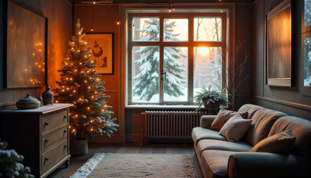 Cozy Winter Living Room with Decorated Christmas Tree and Snowの写真素材