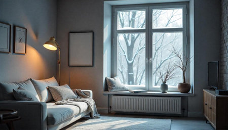 Cozy winter living room with natural light and decorの写真素材