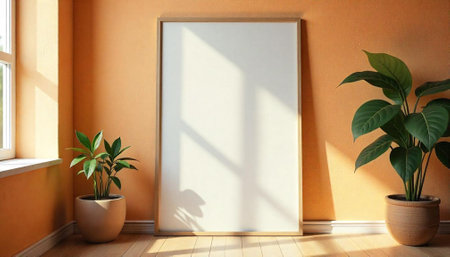 Blank framed poster leans against wall with potted plants
