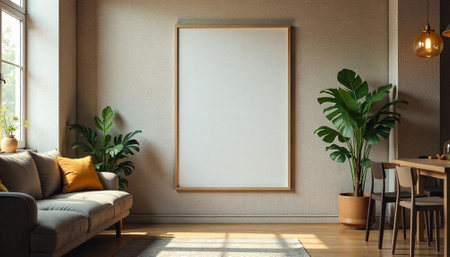 Bright and cozy living room featuring blank framed artの写真素材