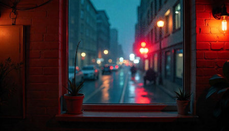 Rainy city street view from cozy interior window