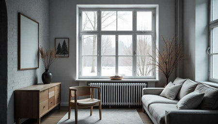 Scandinavian interior with modern furniture and snowy winter sceneryの写真素材