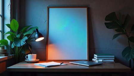 Cozy workspace with frame mockup, laptop and coffeeの写真素材