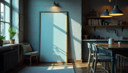 Modern kitchen interior with blank canvas leaning against wallの写真素材