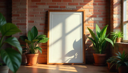 Blank frame leaning against brick wall with indoor plantsの写真素材