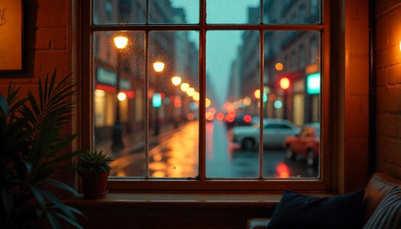 Rainy city street seen through a cozy cafe windowの写真素材
