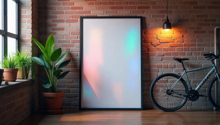 Modern interior mockup with blank frame bicycle and plantsの写真素材