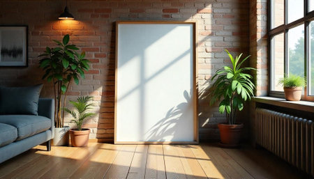 Modern living room interior with blank canvas and plantsの写真素材