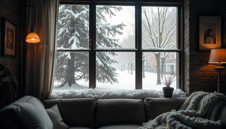 Cozy living room view of a winter landscapeの写真素材