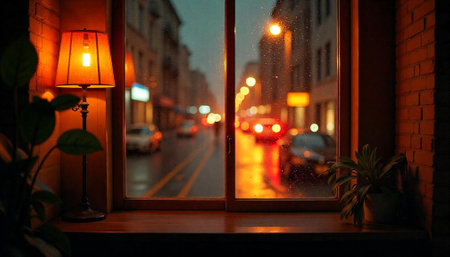 Rainy night city view from window with warm lampの写真素材