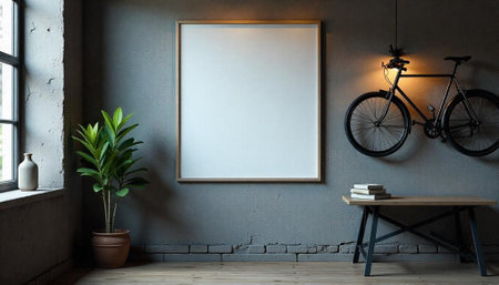 Minimalist interior design featuring blank frame bicycle and plantの写真素材
