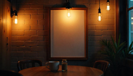 Cozy cafe setting with blank frame and Edison bulbs