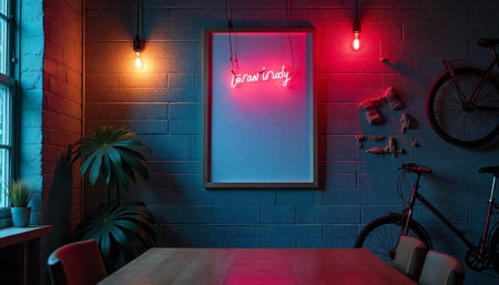 Indoor scene with neon sign and bikes on brick wall