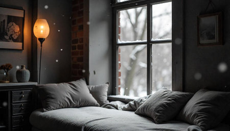 Cozy window seat view in winter with falling snowの写真素材