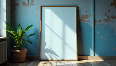 Blank canvas mockup leaning on a rustic wall with plantの写真素材
