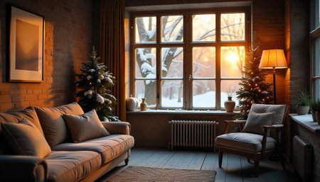Cozy winter living room with decorated trees and sunlightの写真素材