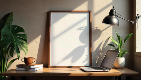 Workspace mock-up with a frame, plant, coffee, and laptopの写真素材