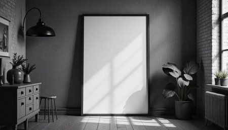 Monochromatic framed canvas mockup in a modern interior sceneの写真素材