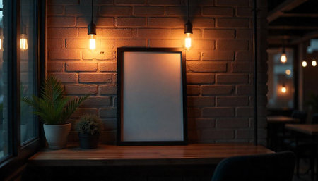 Interior cafe scene with blank frame and warm lightingの写真素材