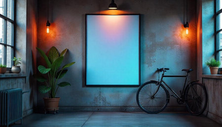 Industrial loft interior with blank picture frame and bicycleの写真素材
