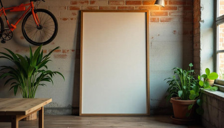 Blank Frame in Rustic Room Interior Mockup with Bicycleの写真素材