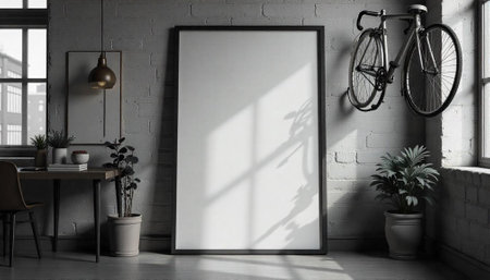 Minimalist Interior with Bicycle and Blank Poster Frameの写真素材