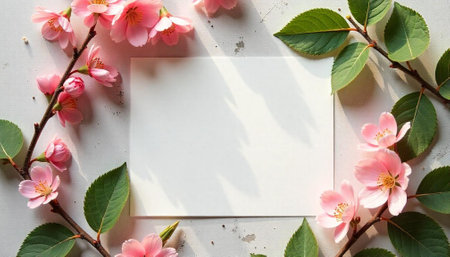 Pink blossoms framing a blank white card invitation template