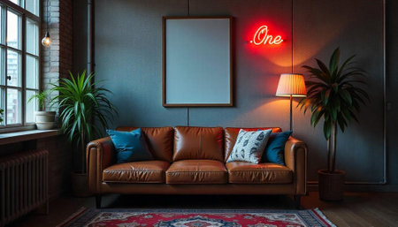 Modern living room interior with leather sofa and neon signの写真素材