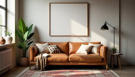 Living room setup with sofa and wall art mockupの写真素材