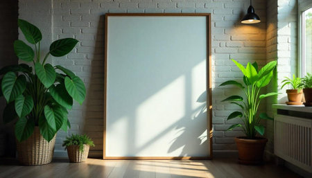 Minimalist Interior with Blank Frame and Green Plantsの写真素材