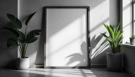 Blank canvas frame with plants minimalist interior mockupの写真素材