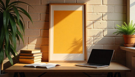 Study space featuring books laptop and yellow art printの写真素材