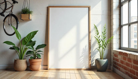 Blank canvas with plants in sunlit modern industrial interiorの写真素材