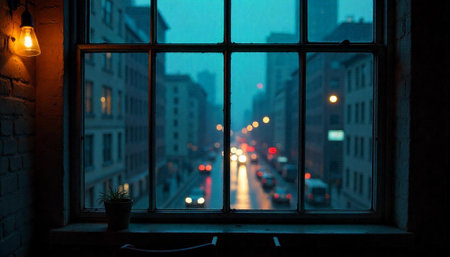 Cityscape view through a window on a rainy nightの写真素材